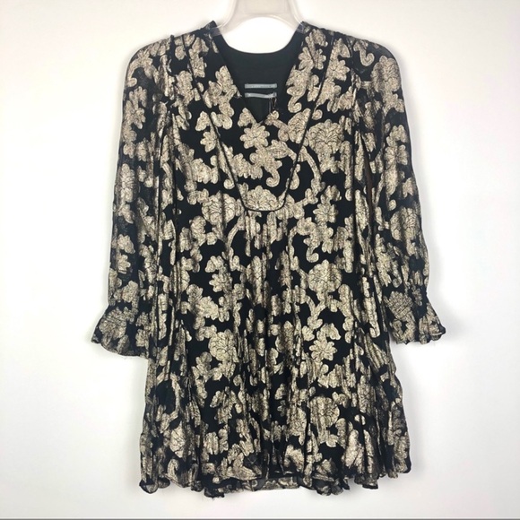 Anthropologie Black Metallic Dress Gold Foil Embroidery and Long Sleeves XS NWT - Picture 2 of 7